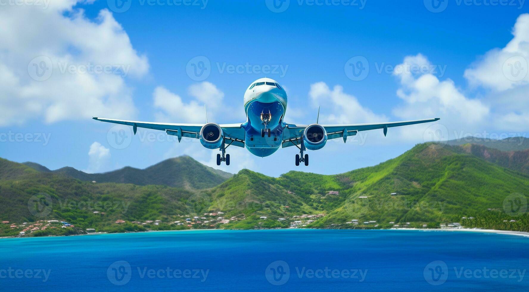 ai generiert Flugzeug im das Blau Himmel, Flugzeug im das Himmel, fliegend Flugzeug im das Luft, Nahansicht von ein Flugzeug foto