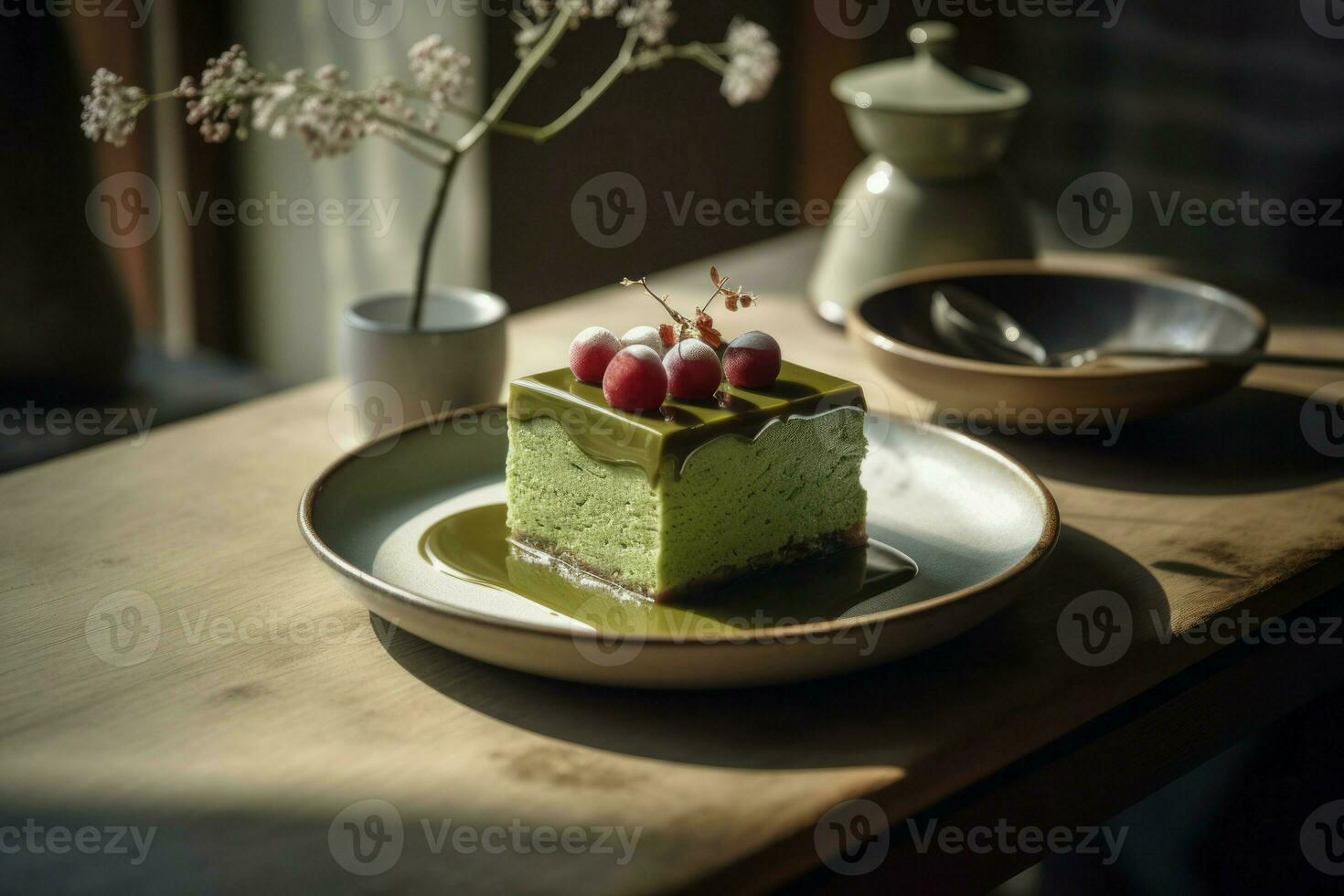 ai generiert Matcha grün Dessert Kuchen Stück. generieren ai foto