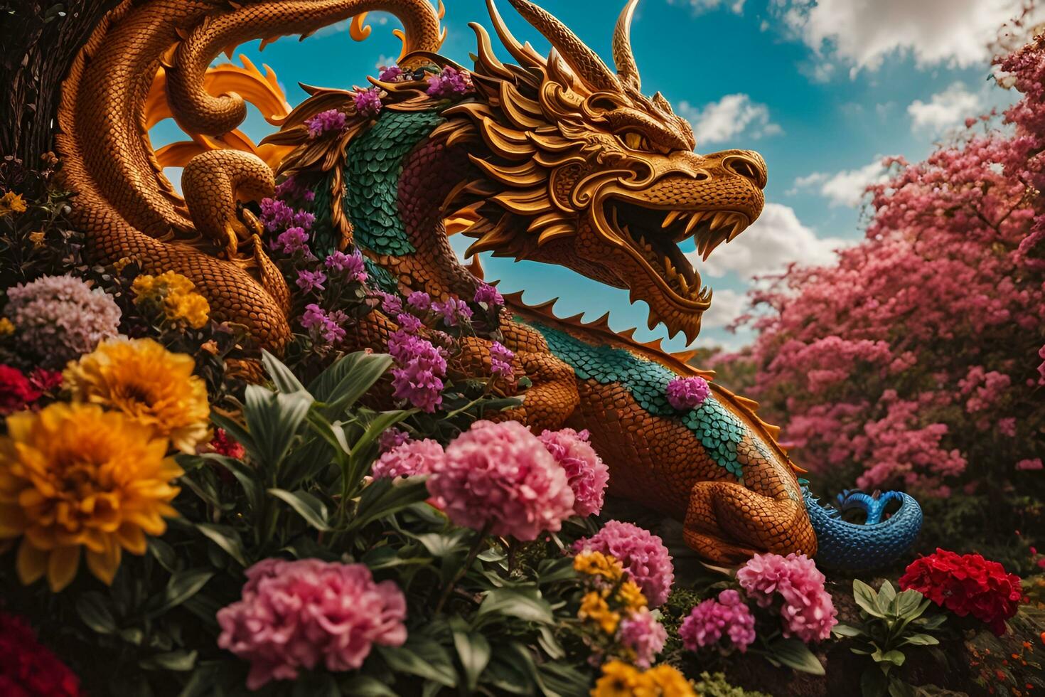 ai generiert ein Statue von ein Drachen umgeben durch Blumen foto