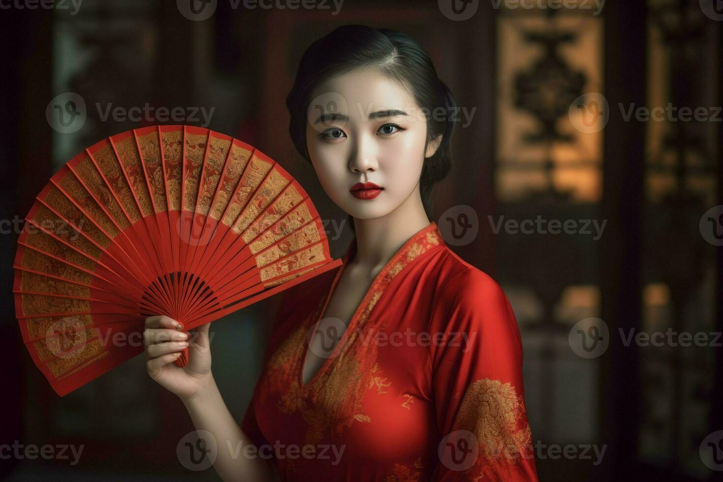 ai generiert Chinesisch Mädchen tragen rot Kimono und Fan. generieren ai foto