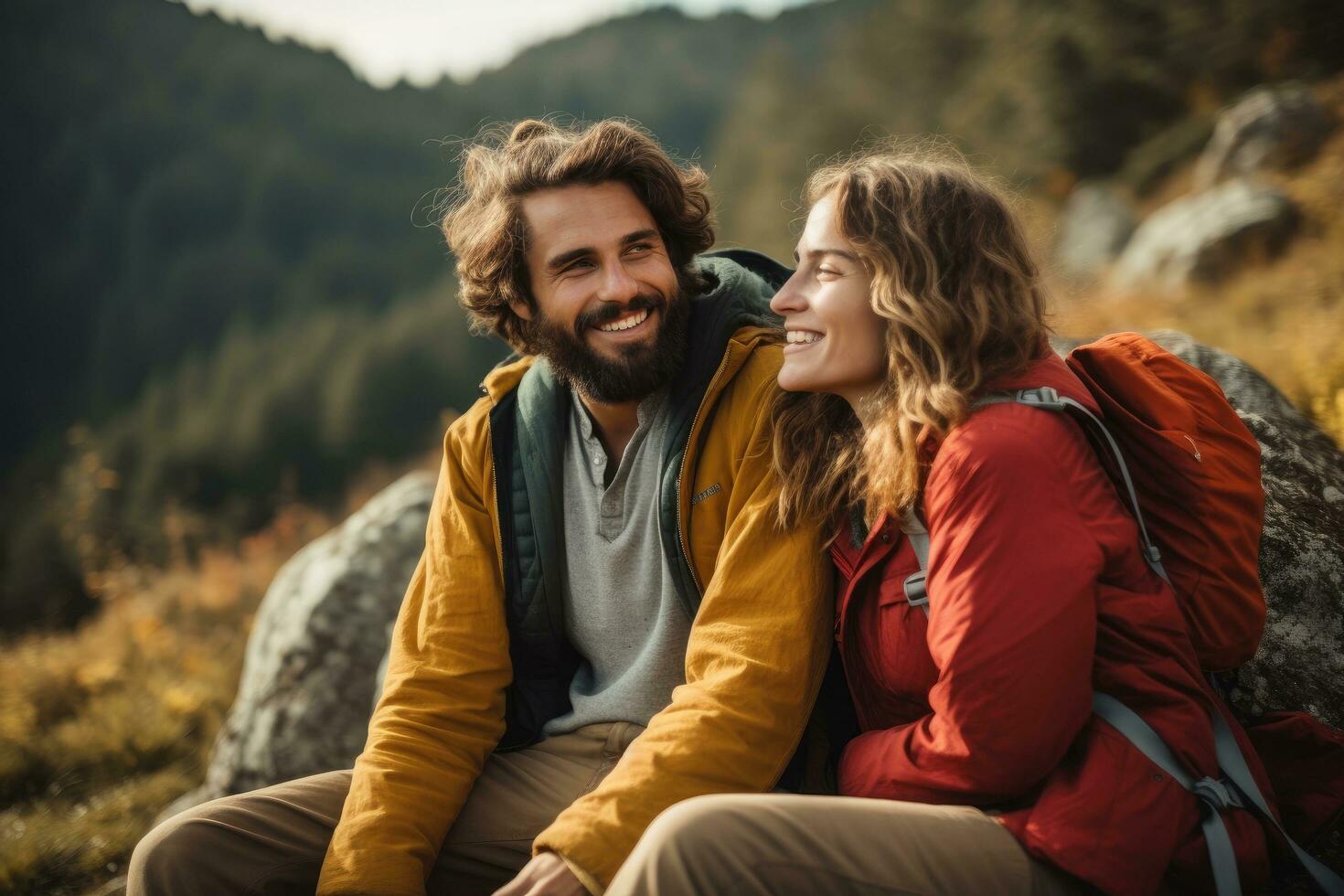 ai generiert glücklich jung Paar Sitzung auf oben von ein Berg und suchen beim jeder andere, sorglos Paar genießt im Aussicht während nehmen brechen während Wandern im Natur, ai generiert foto