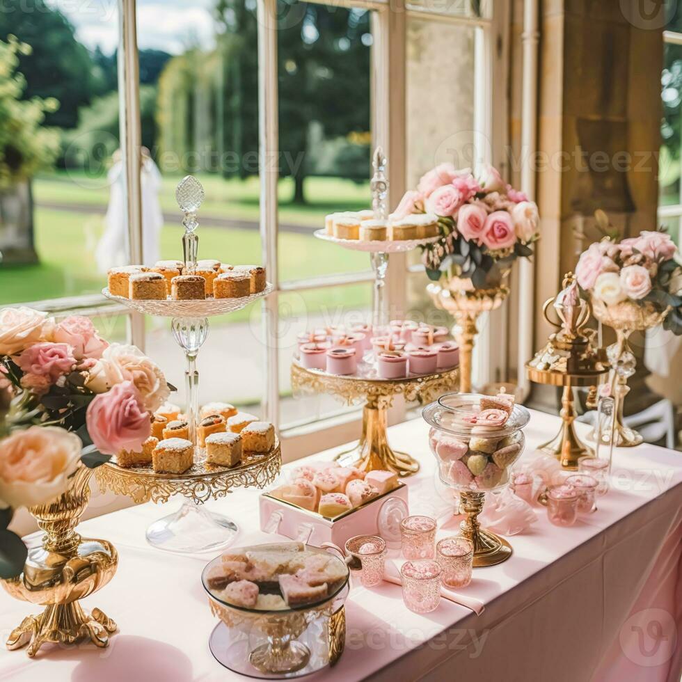 ai generiert Hochzeit Buffet Tisch, Veranstaltung Dessert Essen Gastronomie zum Hochzeit, Party und Urlaub Feier, Kuchen, Süßigkeiten und Nachspeisen im ein Land Garten, generativ ai foto