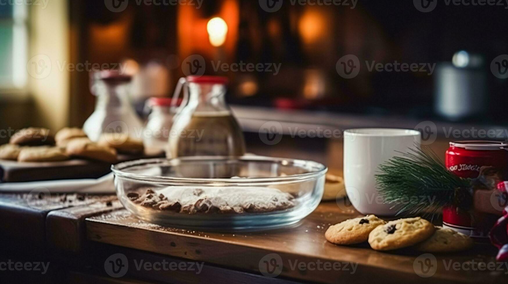 ai generiert Weihnachten Backen, Ferien Rezept und Zuhause Kochen, Urlaub backt, Zutaten und Vorbereitung im Englisch Land Hütte Küche, hausgemacht Essen und Kochbuch foto