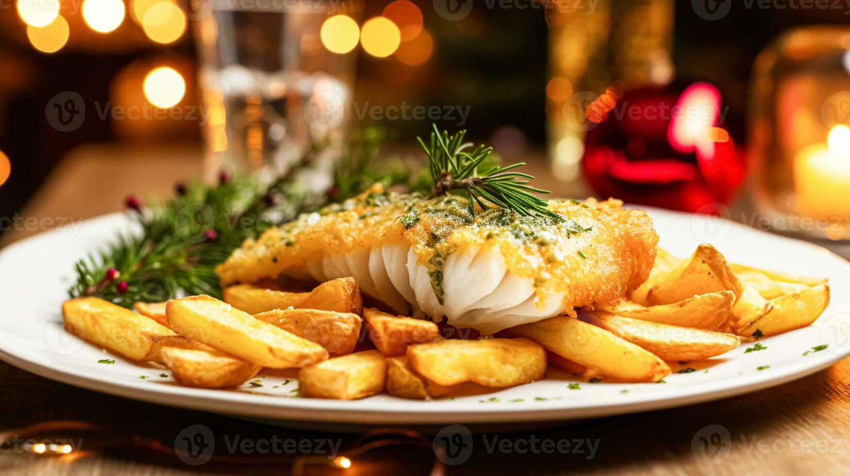 ai generiert Fisch und Chips zum Winter Urlaub Abendessen, traditionell britisch Küche Rezept im Englisch Land heim, Ferien Feier und hausgemacht Essen foto