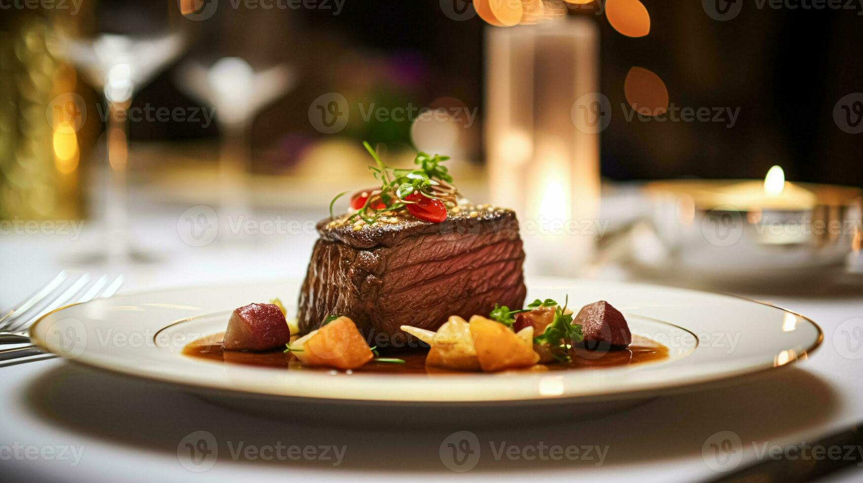 ai generiert exquisit Main Kurs Mahlzeit beim ein Luxus Restaurant, Hochzeit Essen Gastronomie und Englisch Küche foto