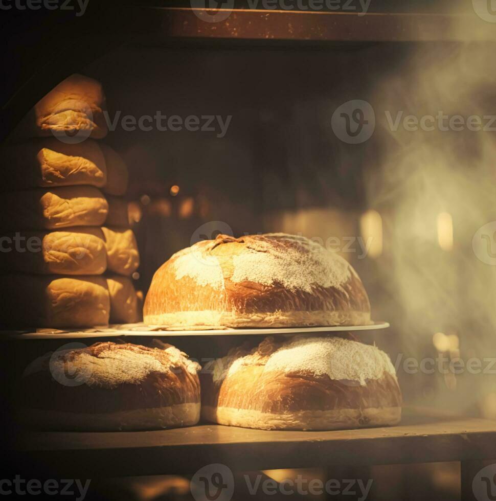 ai generiert Bäckerei im das Morgen, heiß frisch Brot und Gebäck Backen im das alt Stadt, Dorf Bäckerei, frisch gebacken Produkte auf Regale und das Ofen, klein lokal Geschäft und Essen Produktion. generativ ai foto