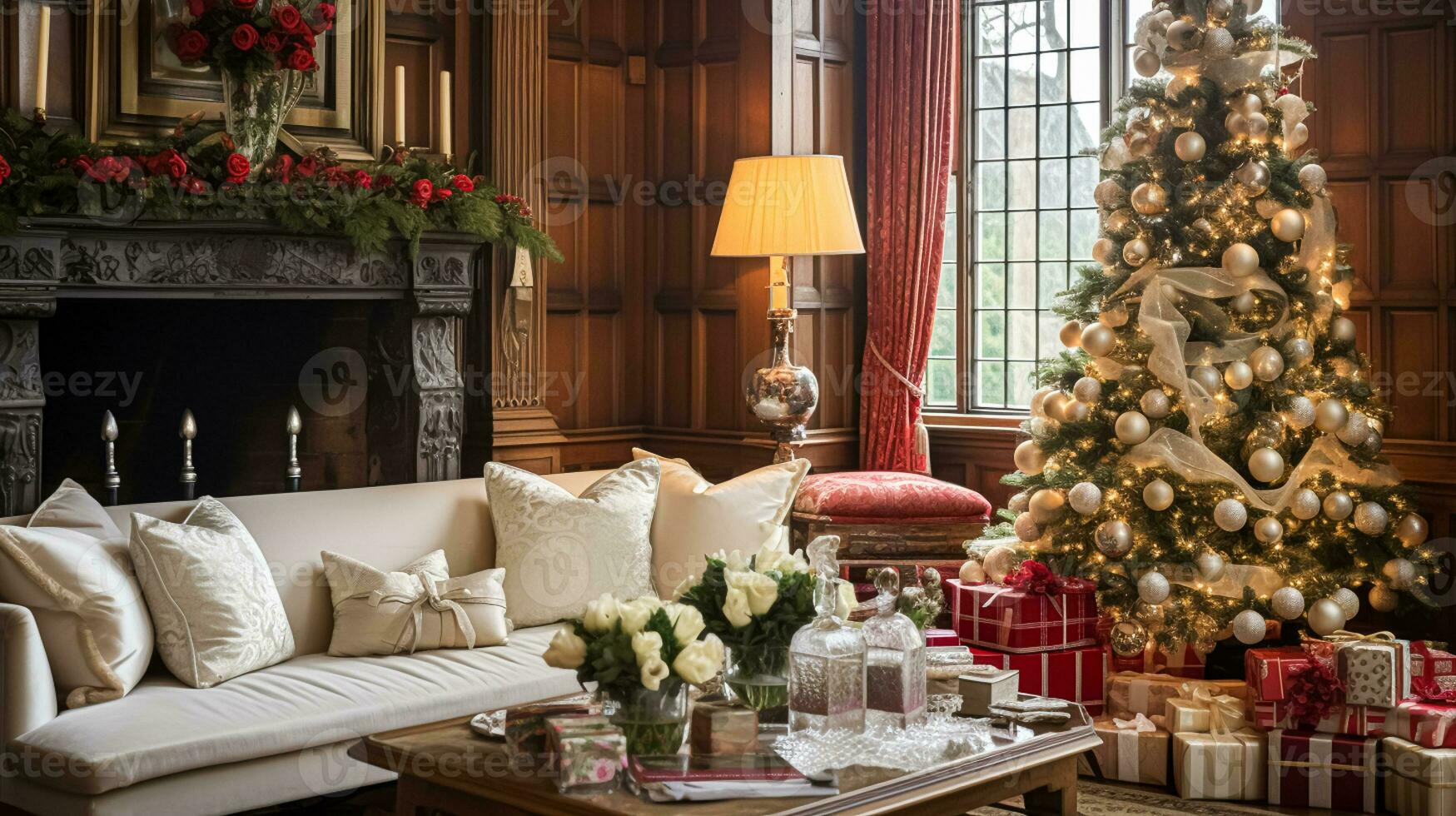 ai generiert Weihnachten beim das Herrenhaus, Englisch Landschaft Dekoration und Innere Dekor foto