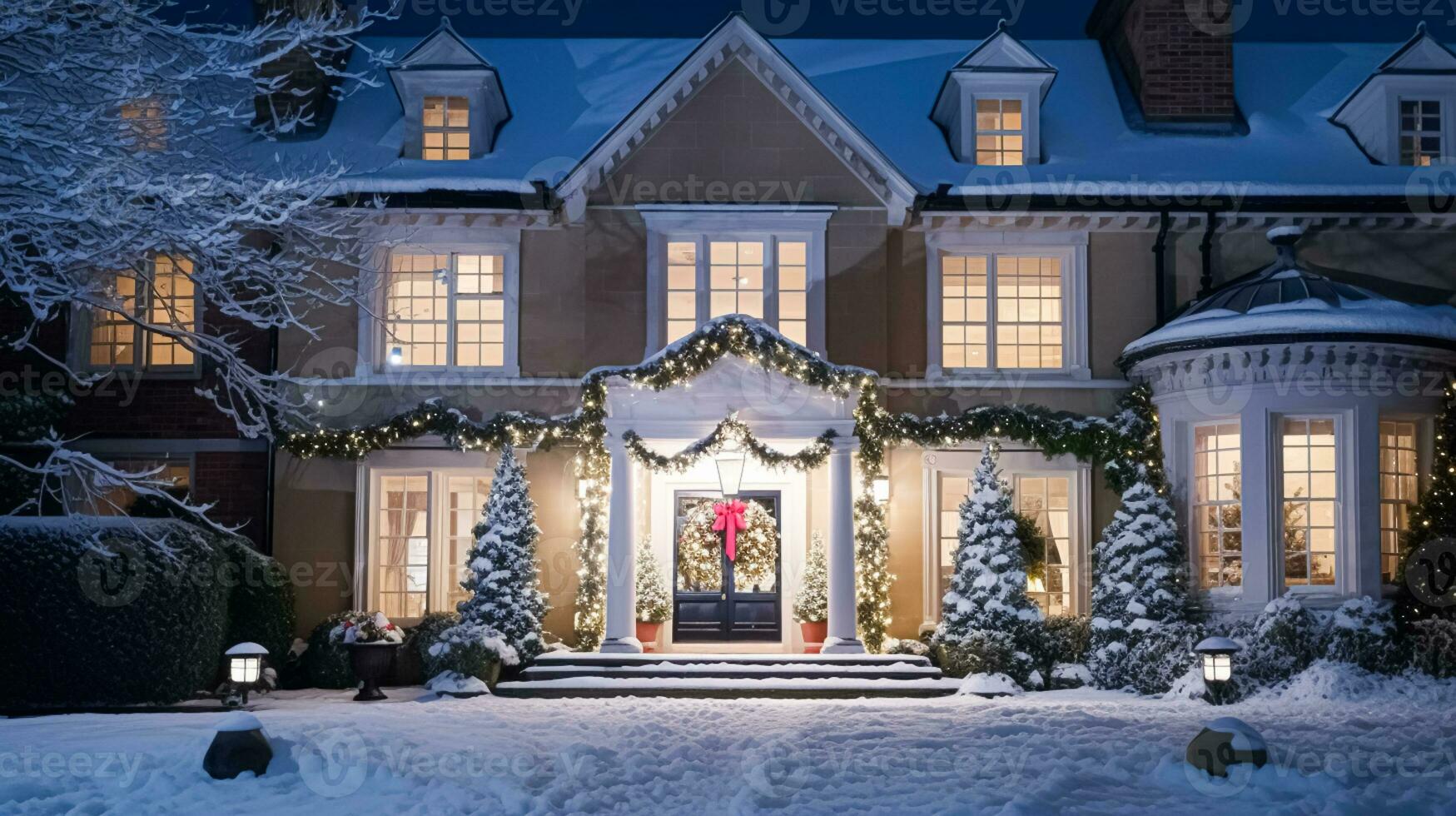 ai generiert Weihnachten im das Landschaft Herrenhaus, Englisch Land Haus Villa dekoriert zum Ferien auf ein schneebedeckt Winter Abend mit Schnee und Urlaub Beleuchtung, fröhlich Weihnachten und glücklich Ferien foto