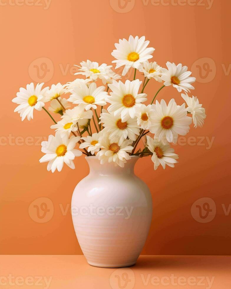 ai generiert Gänseblümchen im ein Weiß minimalistisch Vase auf Orange Hintergrund foto