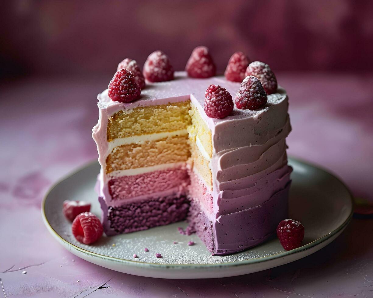 ai generiert Stück von Kuchen mit Himbeeren auf ein Rosa Hintergrund. foto