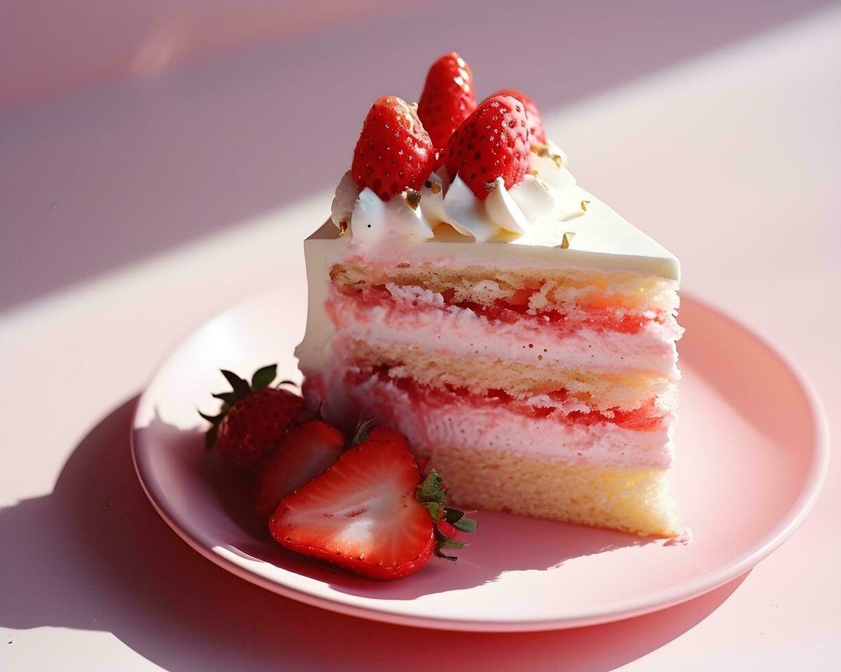 ai generiert Erdbeere Kuchen auf Rosa Platte, schließen hoch, selektiv Fokus foto