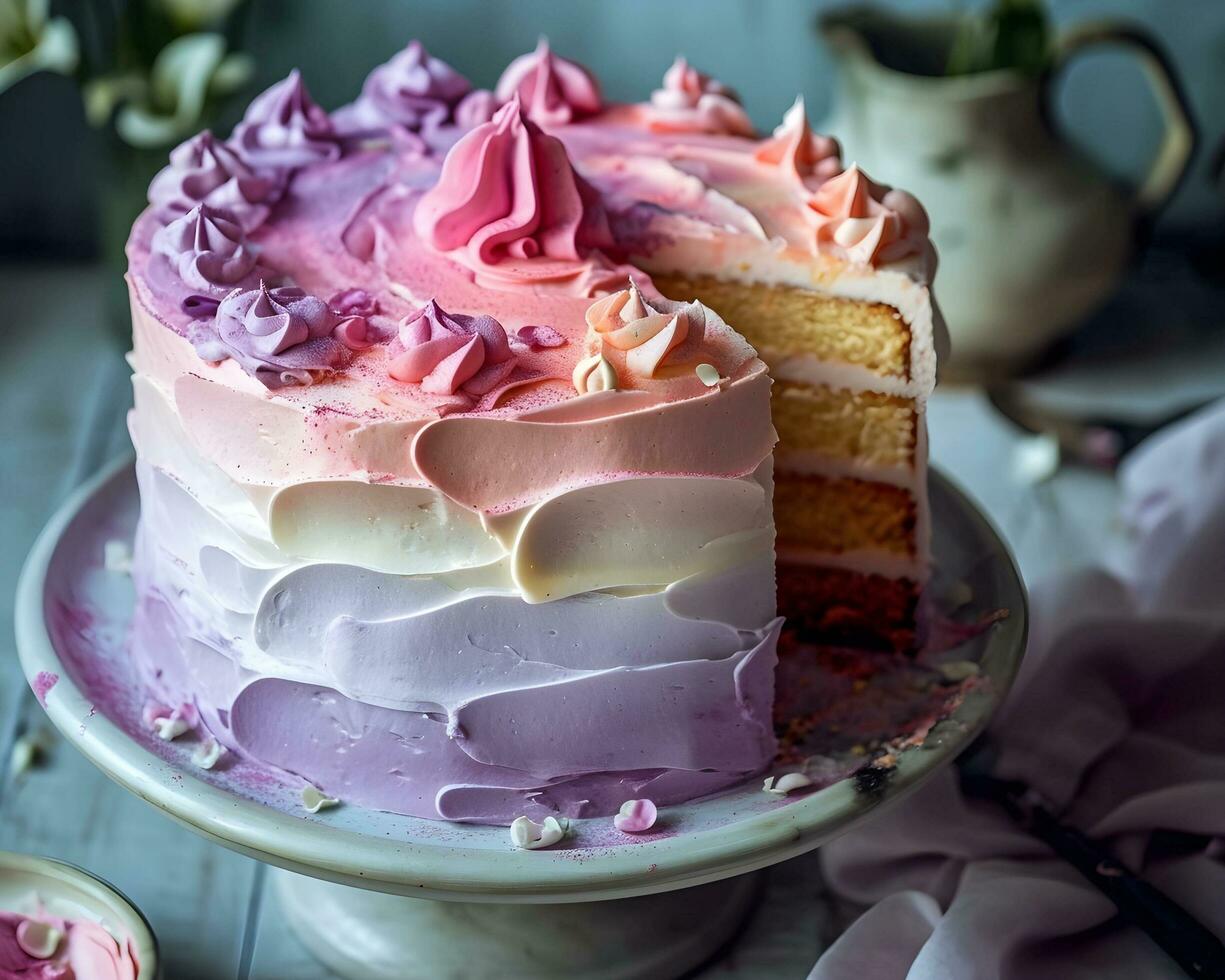 ai generiert Kuchen mit Rosa und Weiß Glasur, selektiv Fokus, Platz Bild foto