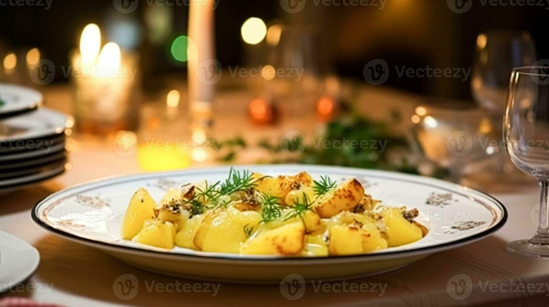 ai generiert Winter Urlaub Mahlzeit zum Abendessen Feier Speisekarte, Main Kurs festlich Gericht zum Weihnachten, Familie Fall, Neu Jahr und Feiertage, Englisch Land Essen Rezept foto