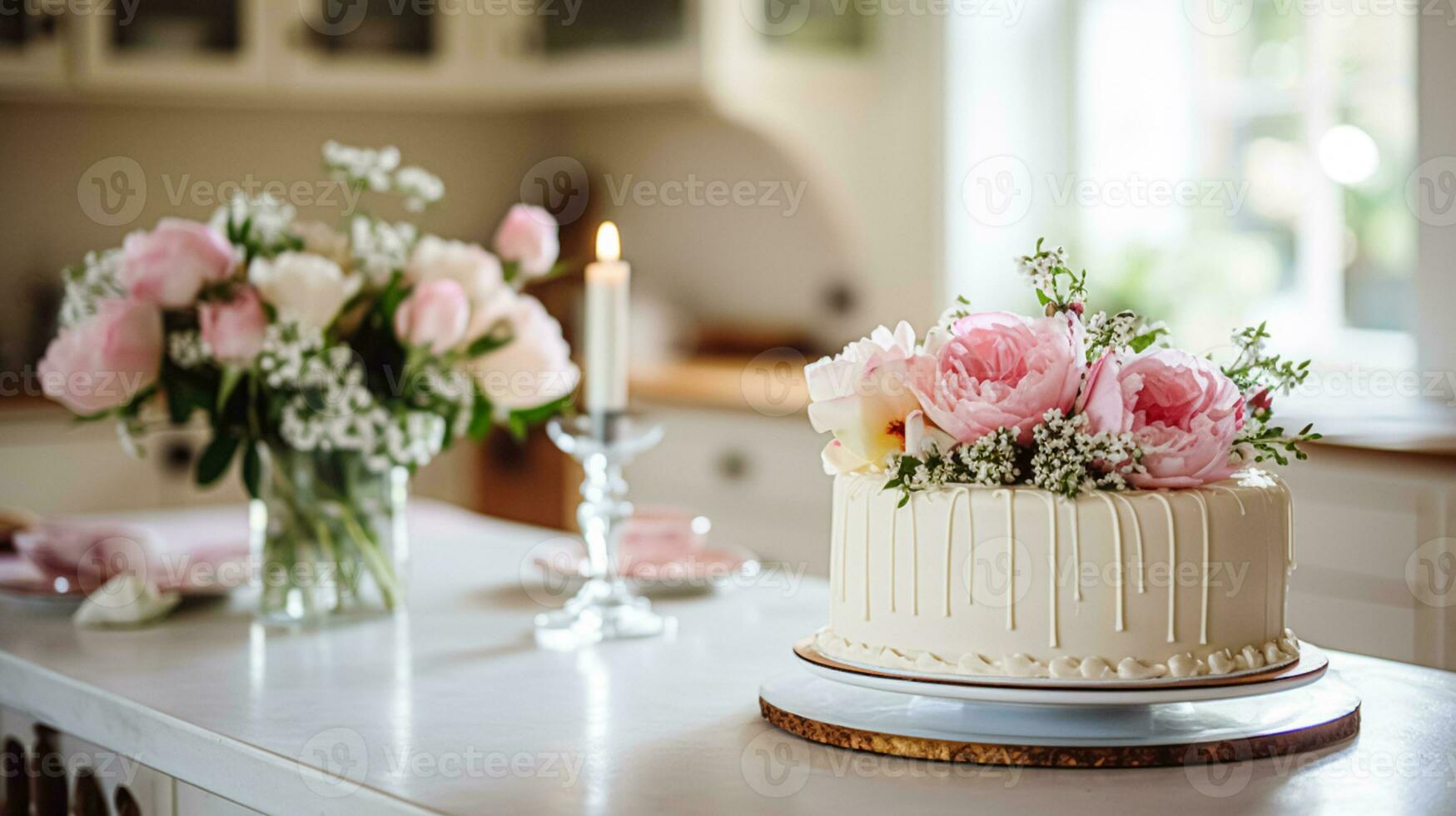 ai generiert hausgemacht Geburtstag Kuchen im das Englisch Landschaft Haus, Hütte Küche Essen und Urlaub Backen Rezept foto