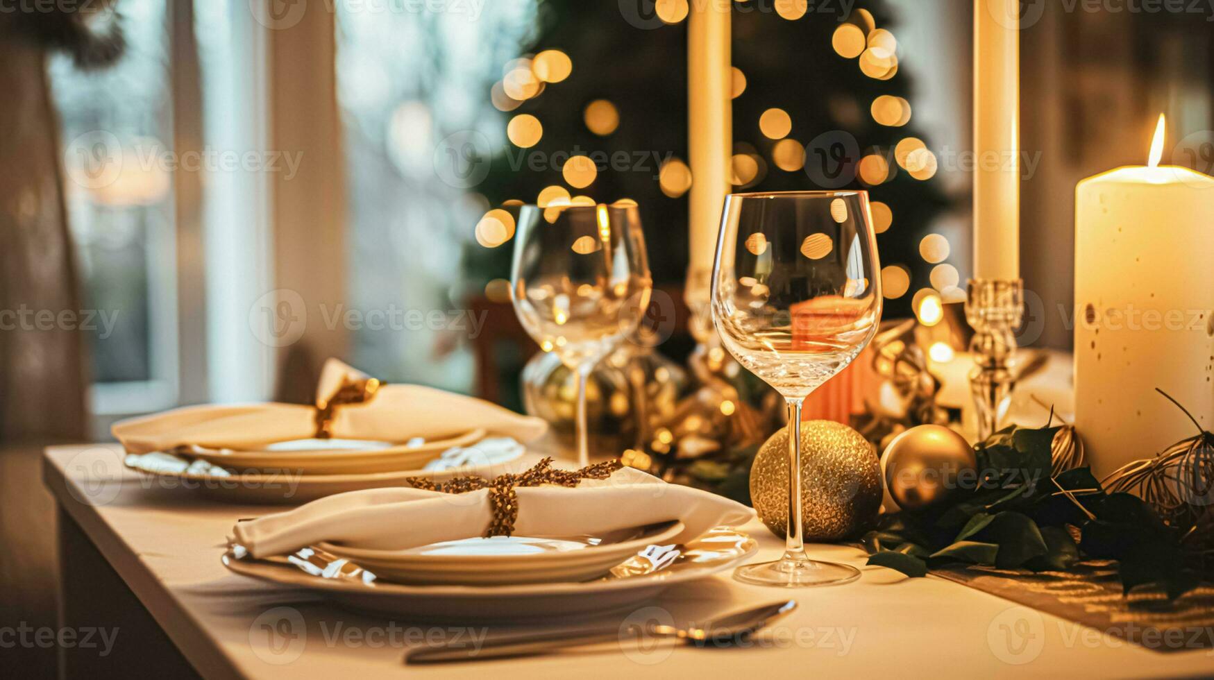 ai generiert festlich Datum Nacht Tischlandschaft Idee, Abendessen Tabelle Rahmen zum zwei und Weihnachten, Neu Jahr, Valentinsgrüße Tag Dekor, Englisch Land Zuhause Styling foto