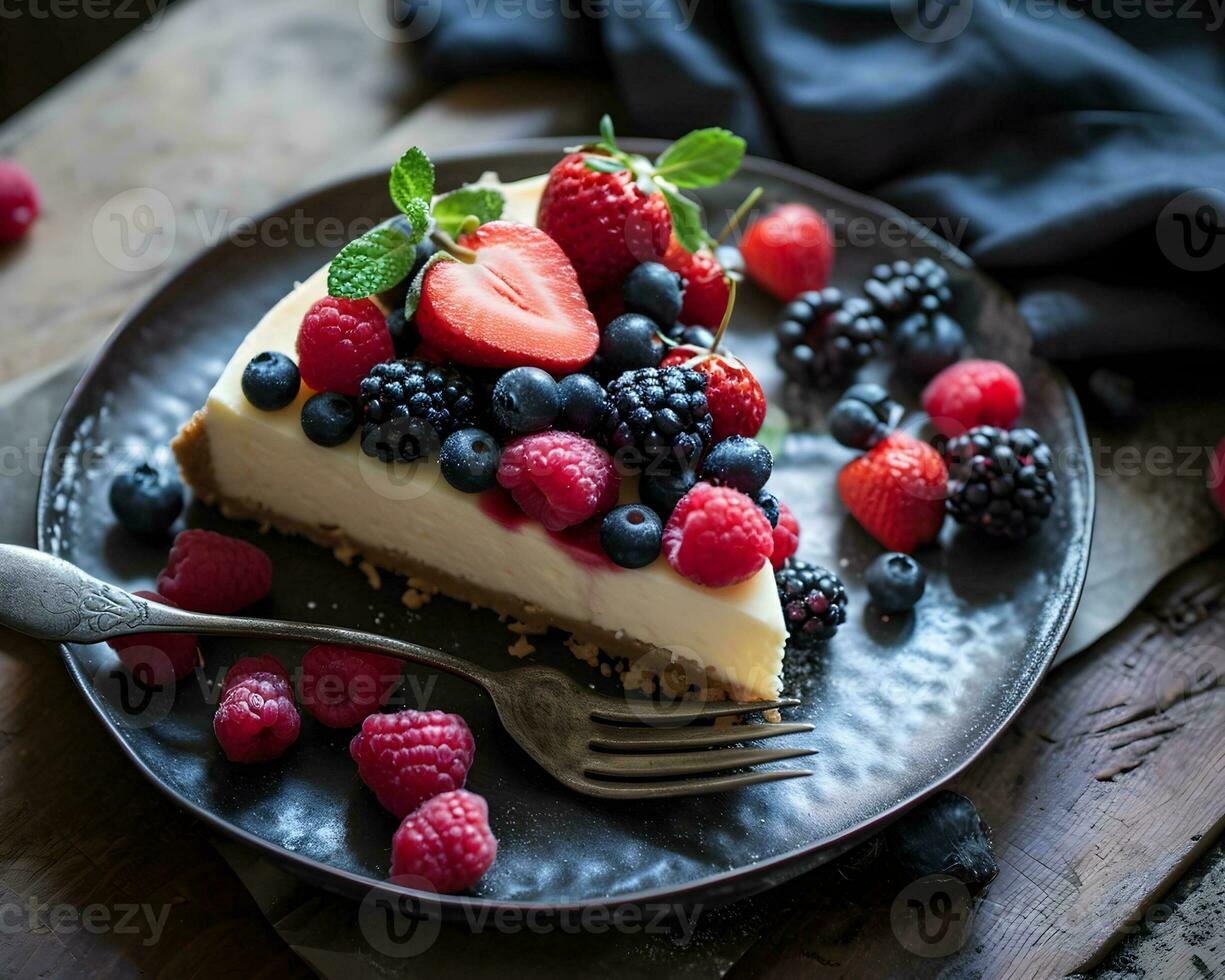 ai generiert hausgemacht Käsekuchen mit frisch Beeren auf rustikal hölzern Hintergrund. foto