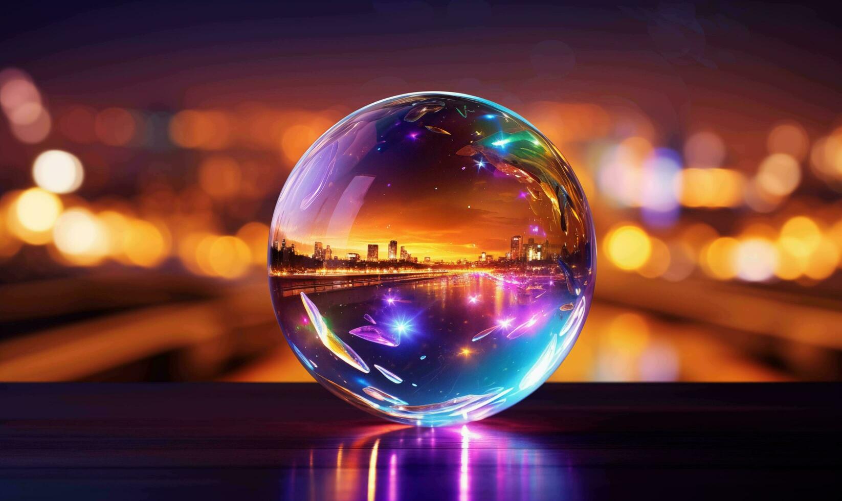 ai generiert zauberhaft Kristall Ball im Stadt Nacht Aussicht foto