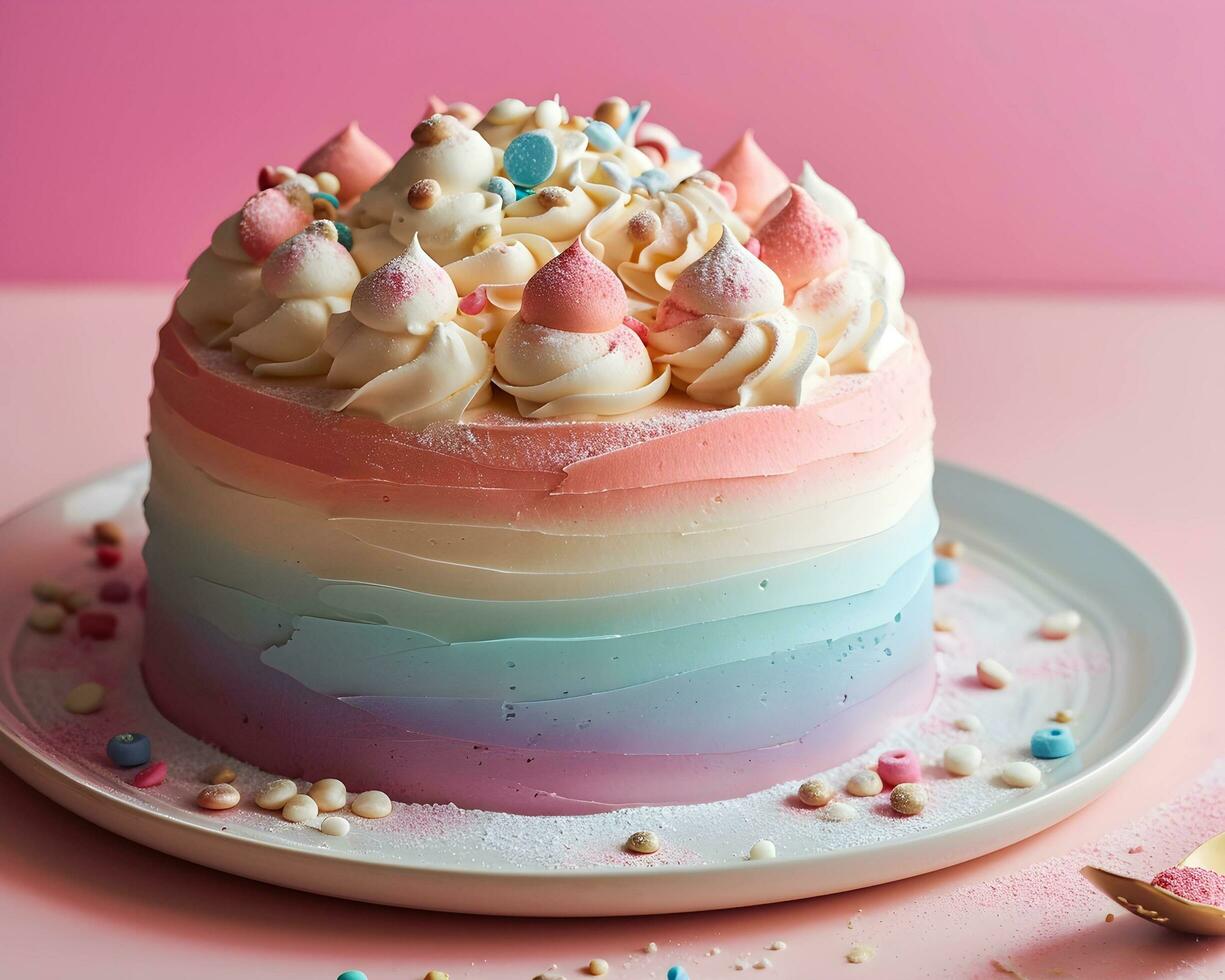 ai generiert Regenbogen Kuchen auf ein Rosa Hintergrund. flach dof. foto