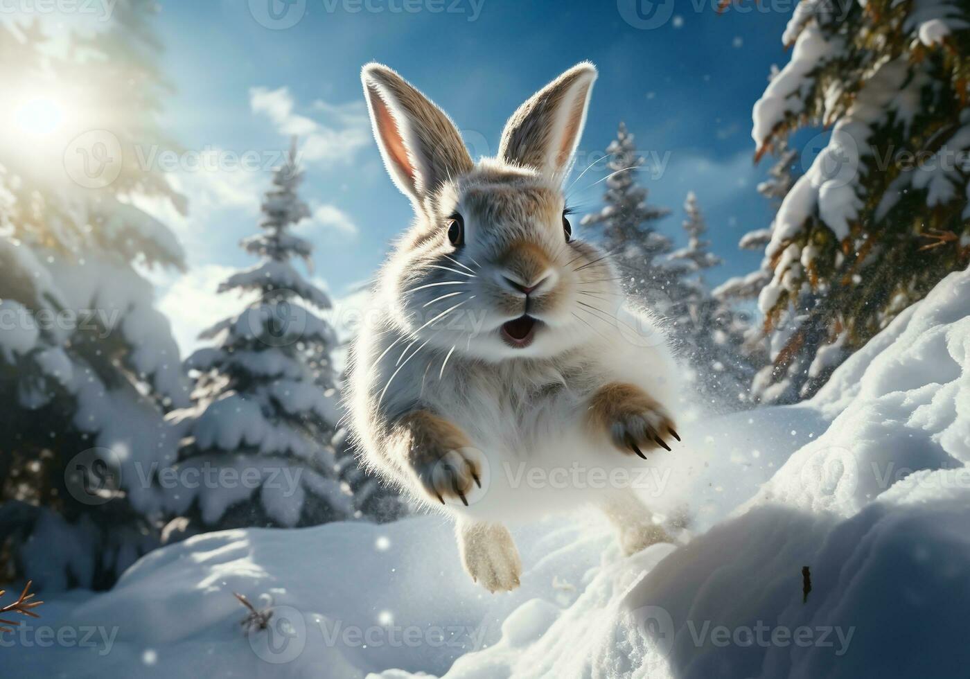 ai generiert Hase Laufen im schneebedeckt Wald. Winter Zeit foto