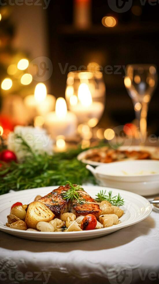 ai generiert Winter Urlaub Mahlzeit zum Abendessen Feier Speisekarte, Main Kurs festlich Gericht zum Weihnachten, Familie Fall, Neu Jahr und Feiertage, Englisch Land Essen Rezept foto