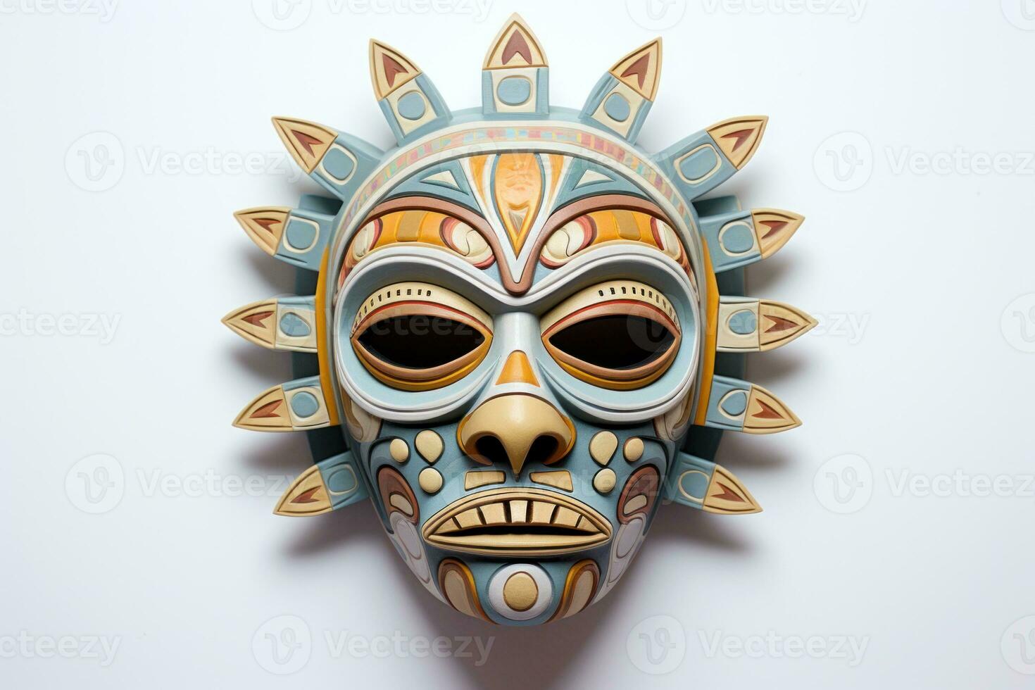 ai generiert Karneval Maske zum das Festival. aztekisch traditionell, zeremoniell Maske auf Weiß Hintergrund. Krieger Maske. Stammes- Totem. perfekt zum reisen, Kunst, kulturell geprägt Projekt. Reise Souvenir. foto