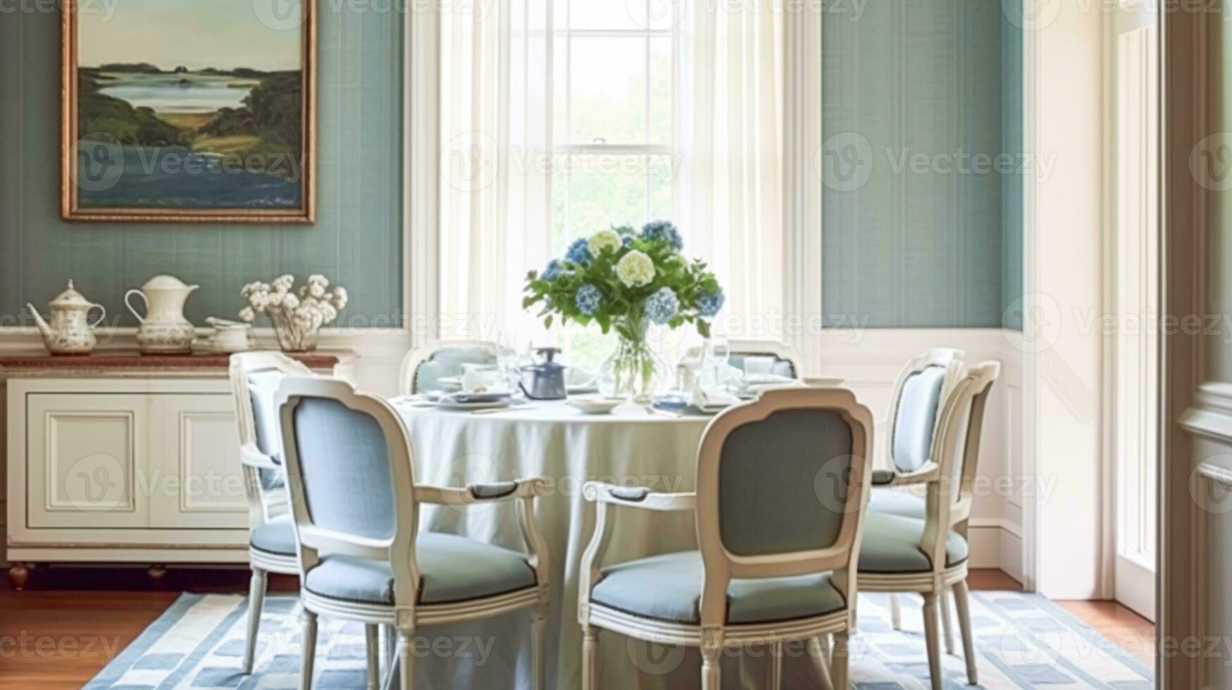 ai generiert Essen Zimmer Dekor, Innere Design und Haus Verbesserung, elegant Tabelle mit Stühle, Möbel und klassisch Blau Zuhause Dekor, Land Hütte Stil foto