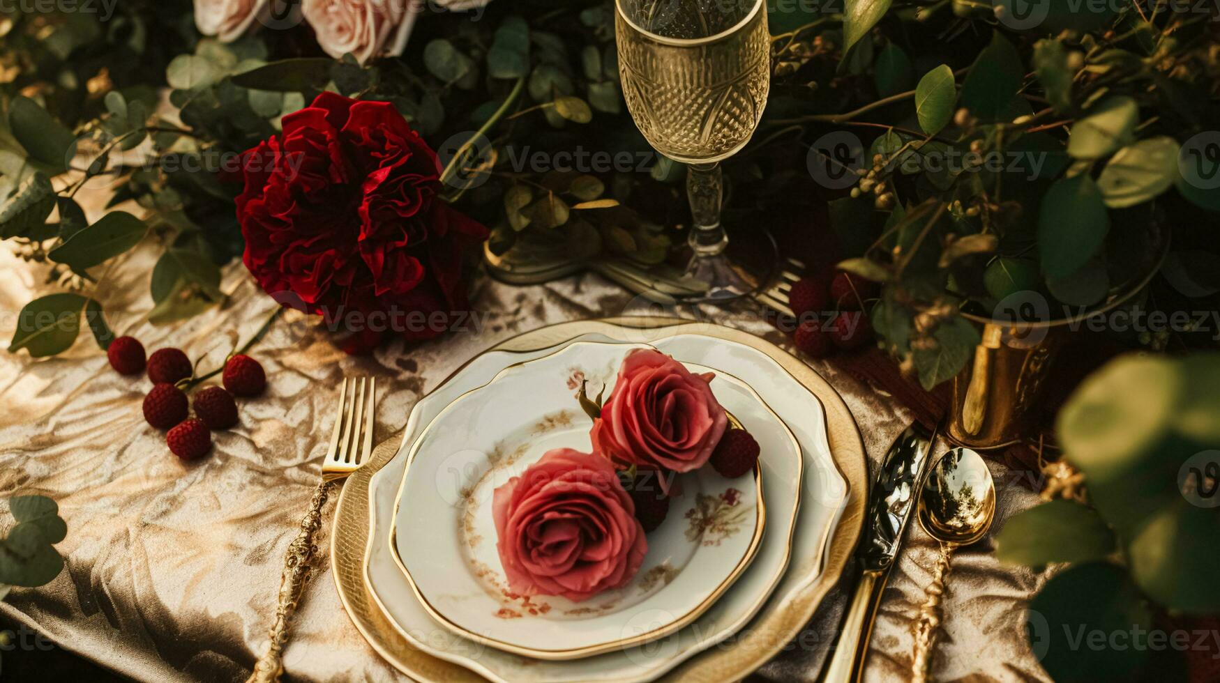 ai generiert Hochzeit und Veranstaltung Feier Tischlandschaft mit Blumen, formal Abendessen Tabelle Rahmen mit Rosen und Wein, elegant Blumen- Tabelle Dekor zum Abendessen Party und Urlaub Dekoration, Zuhause Styling foto