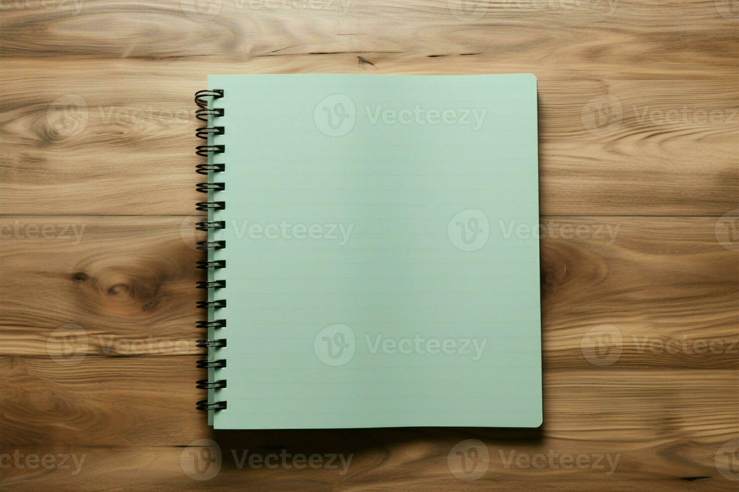 ai generiert Schreibtisch Einfachheit oben Aussicht von ein Notizbuch elegant platziert, hölzern Fußboden foto