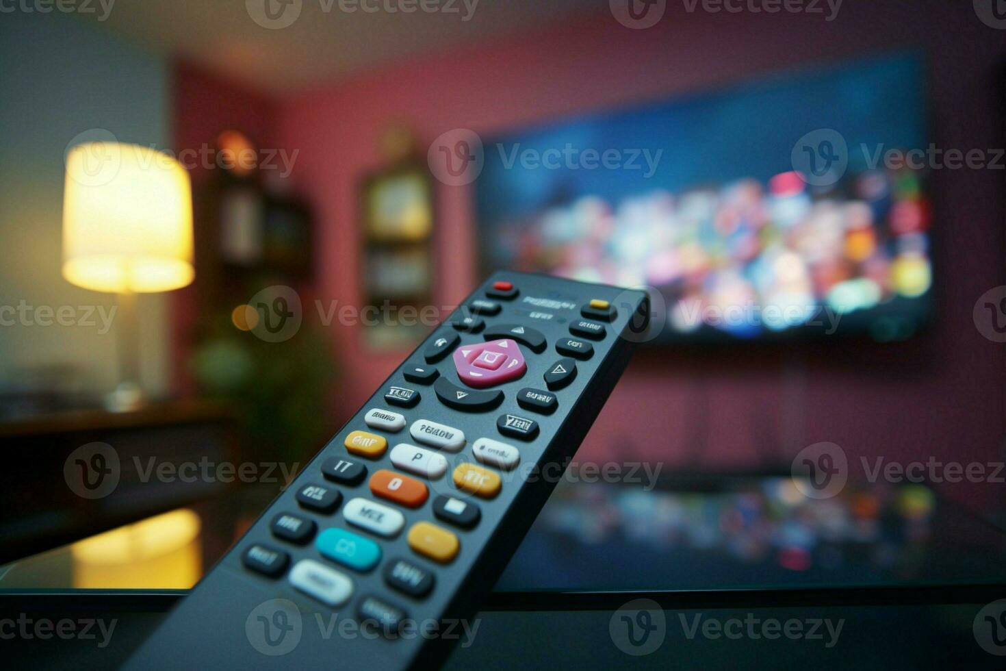 ai generiert persönlich Aussicht mans Hand hält ein Fernseher Fernbedienung im Fokus foto