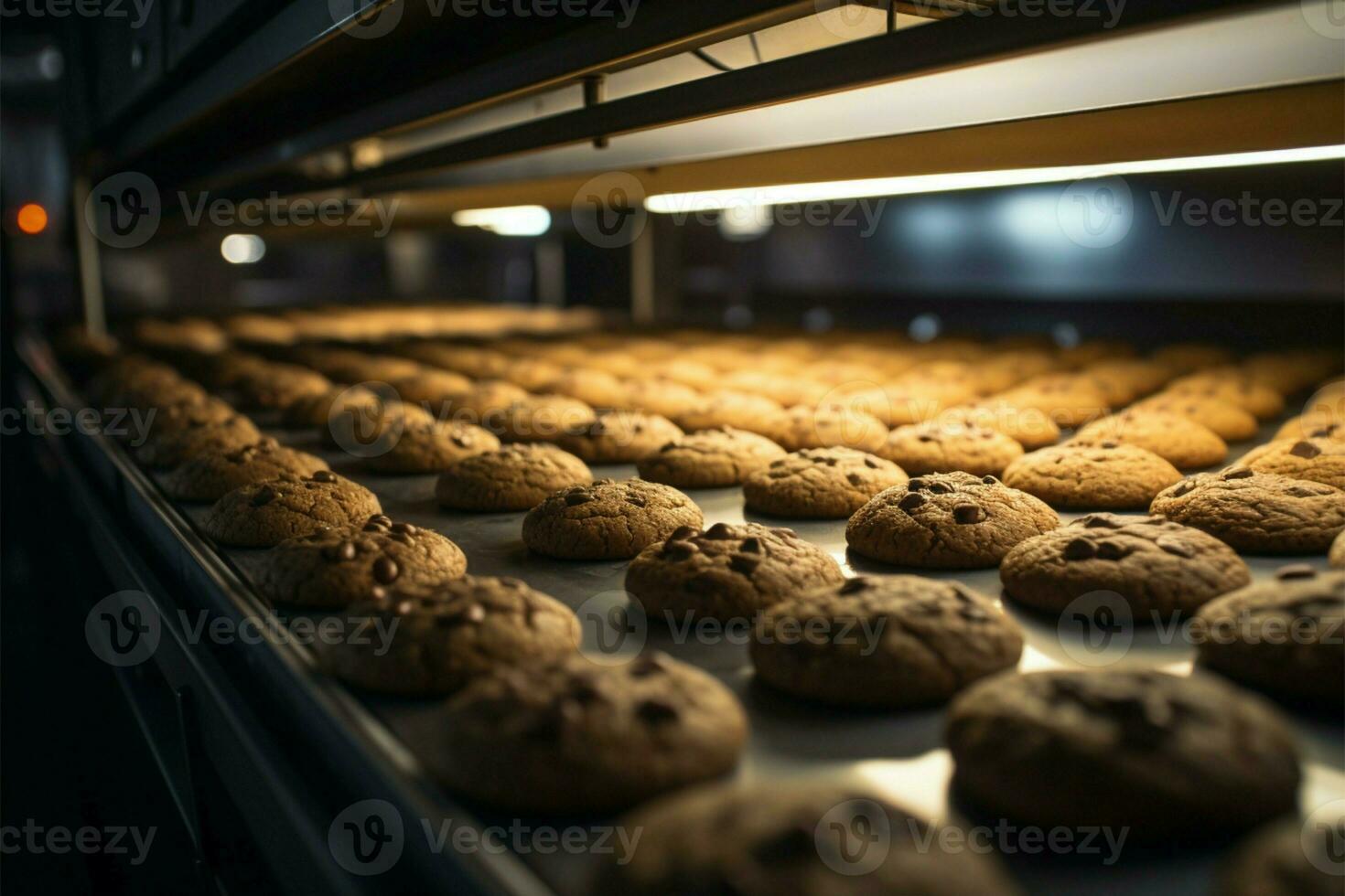 ai generiert Präzision beim Arbeit ein Fabrik Linie produziert lecker Schokolade Kekse mit Effizienz foto