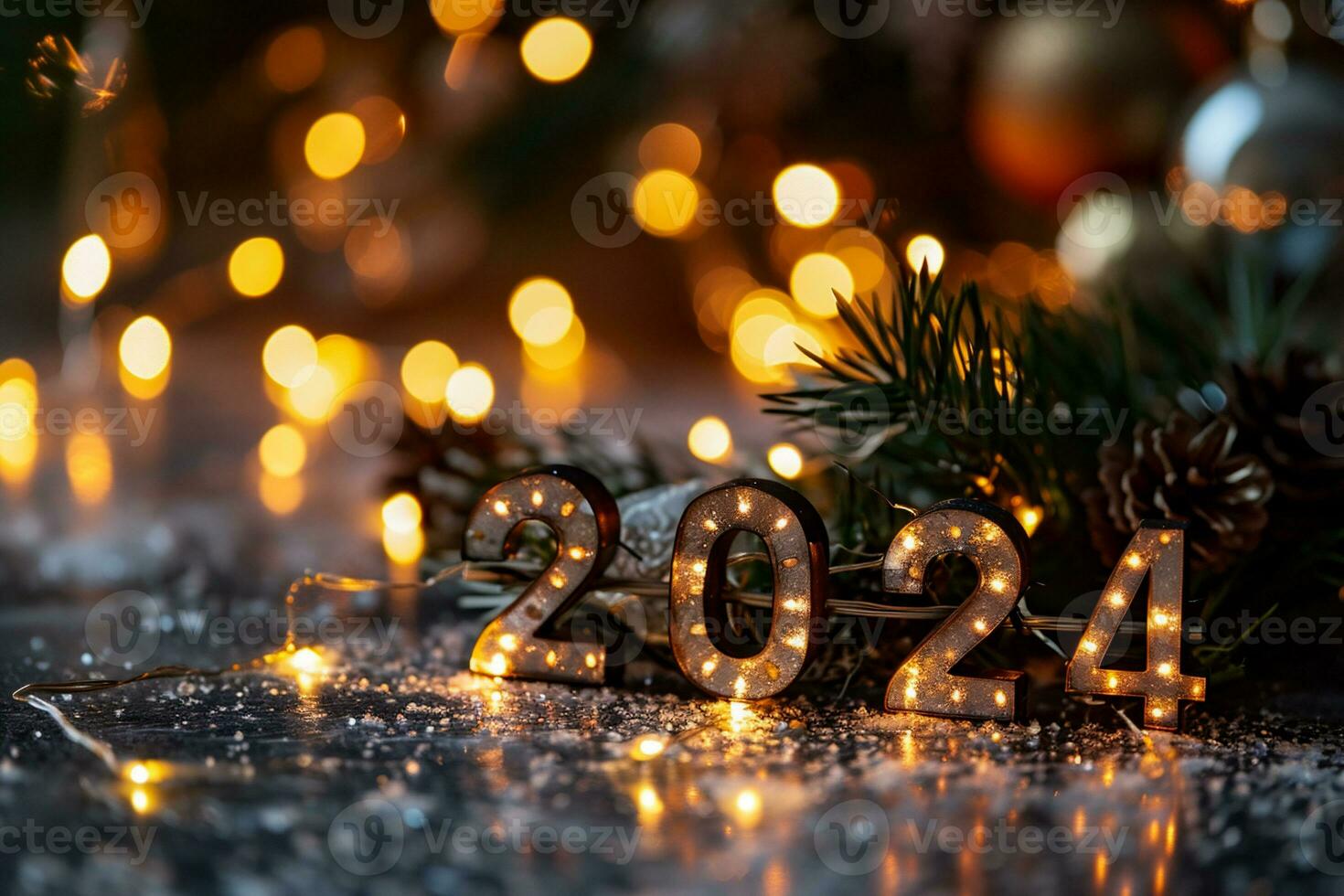 ai generiert Neu Jahr und Weihnachten Hintergrund. festlich Dekoration mit Bokeh Beleuchtung. foto