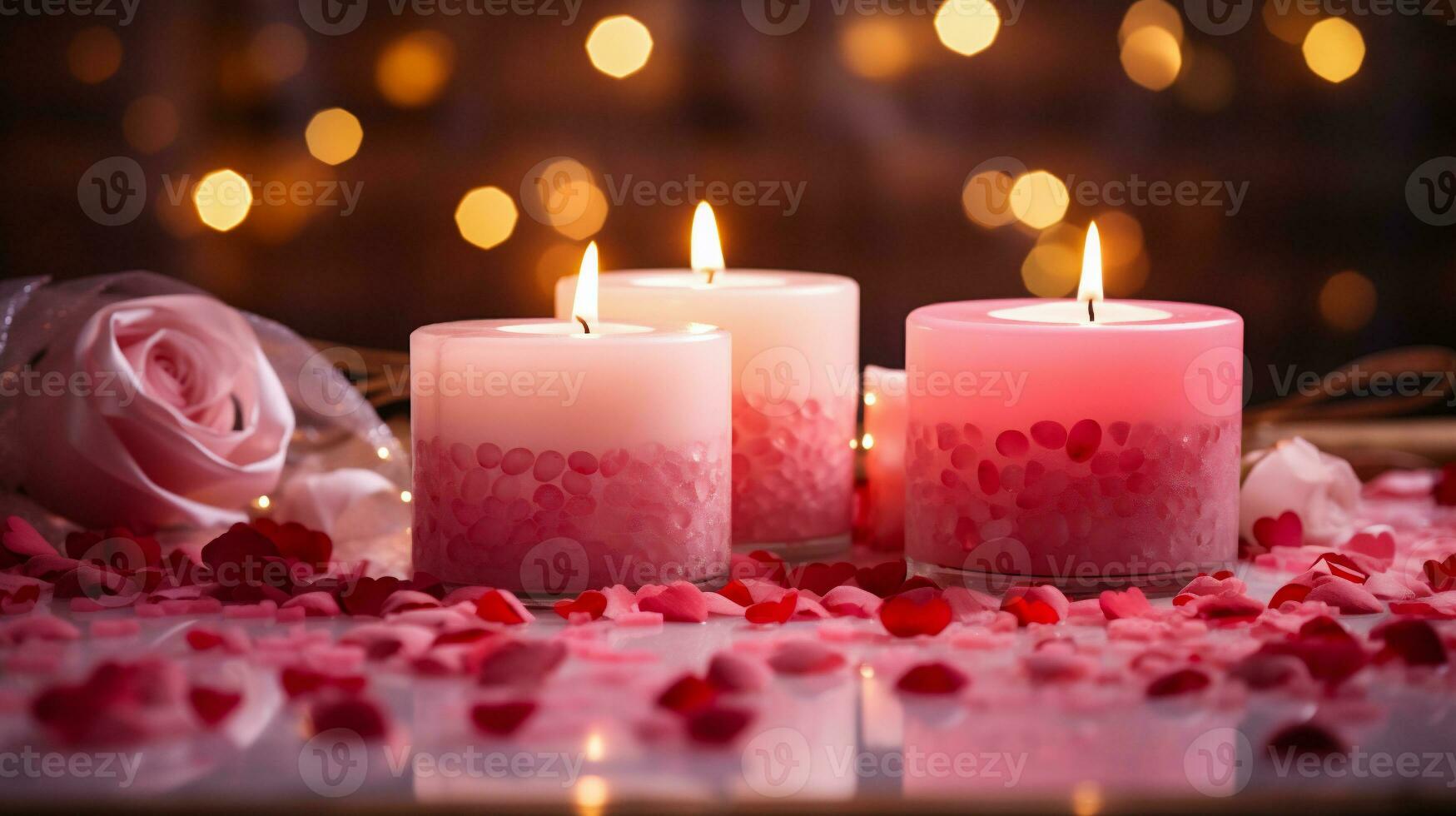 ai generiert Valentinstag Tag Hintergrund mit Kerze und Herzen auf hölzern Tabelle foto