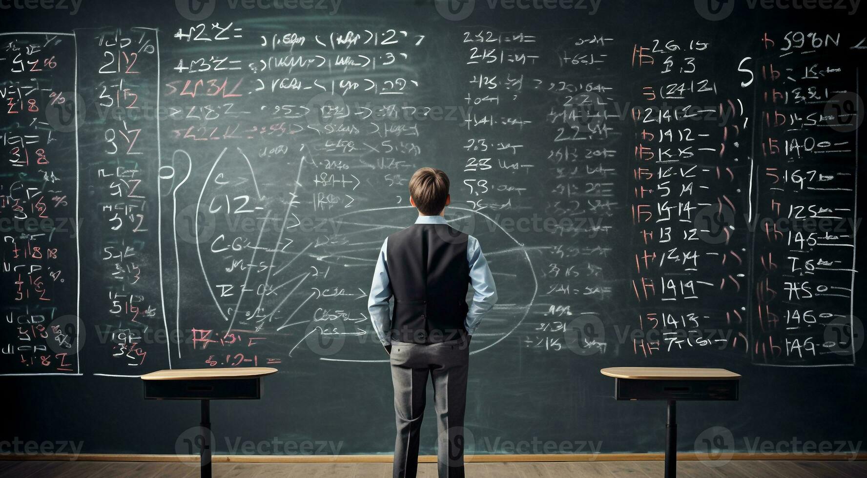 ai generiert Lehrer im Klassenzimmer, Lehrer im Vorderseite von Tafel, Tafel mit Kreide, Klassenzimmer mit Tafel, Lehrer mit Kreide foto