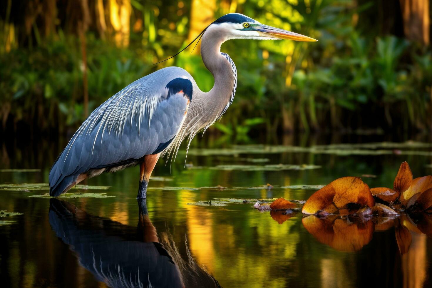 ai generiert großartig Blau Reiher Ardea Herodien im ein natürlich Einstellung, ein großartig Blau Reiher ist gefangen im Everglades National Park, Florida, USA, ai generiert foto