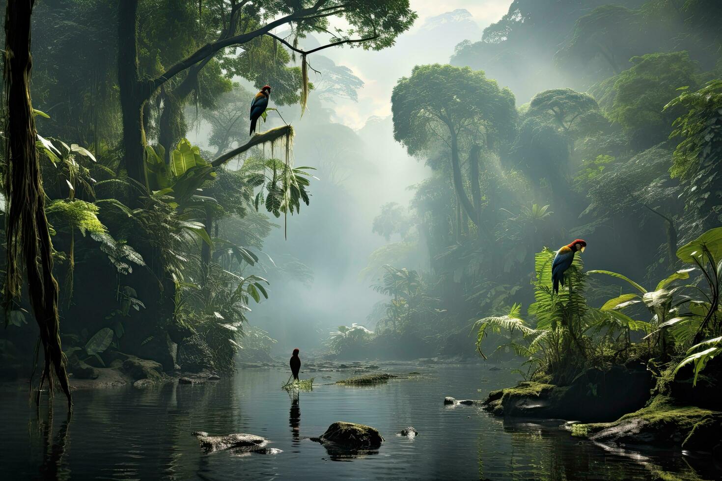 ai generiert schön Aussicht von tropisch Regenwald mit Blau Papageien auf das Felsen, ai generiert foto