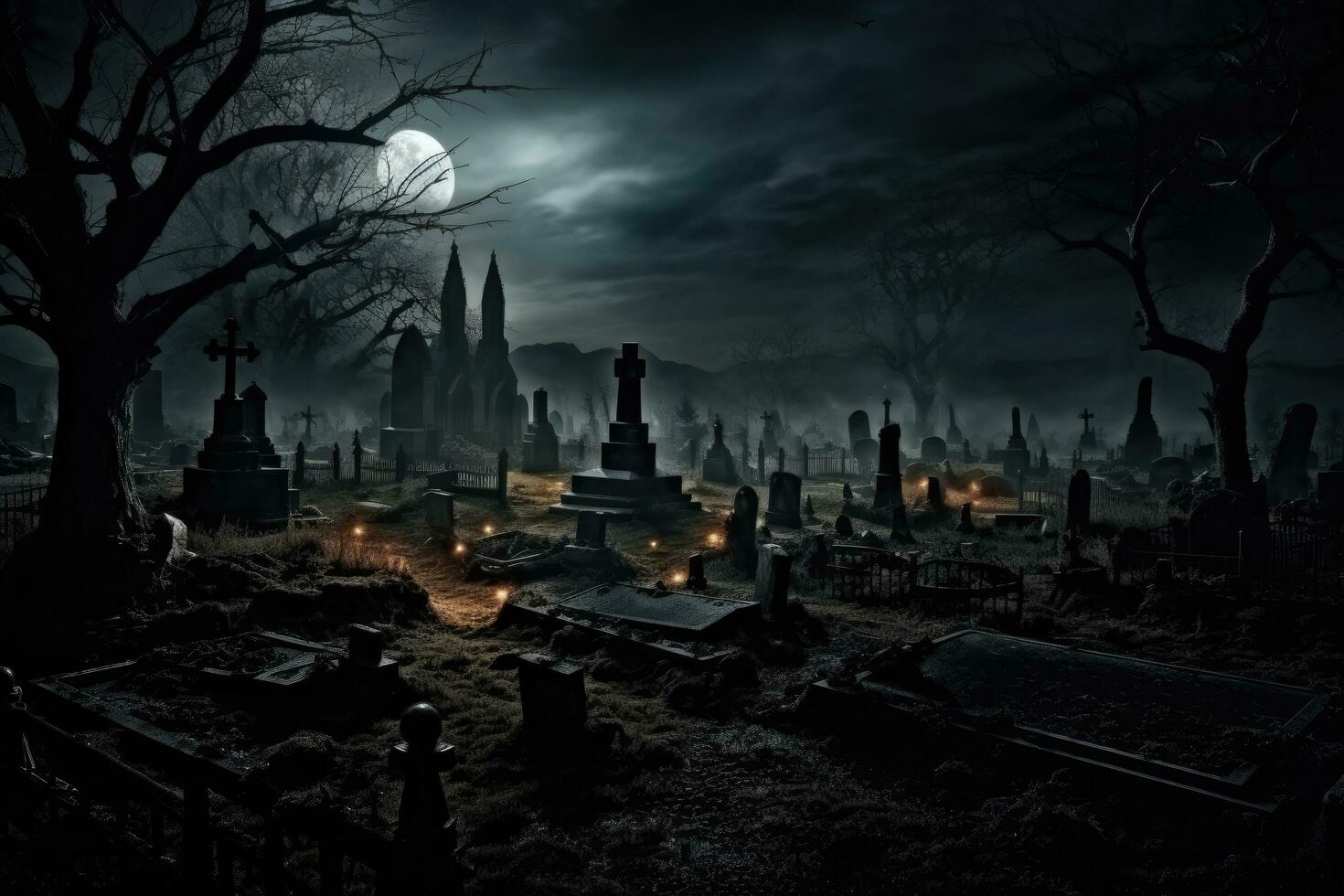 ai generiert gespenstisch Friedhof beim Nacht. Halloween Konzept. unheimlich Friedhof beim Nacht mit voll Mond, ein bedrohlich, Spuk Friedhof unter das voll Mond ist Licht, ai generiert foto