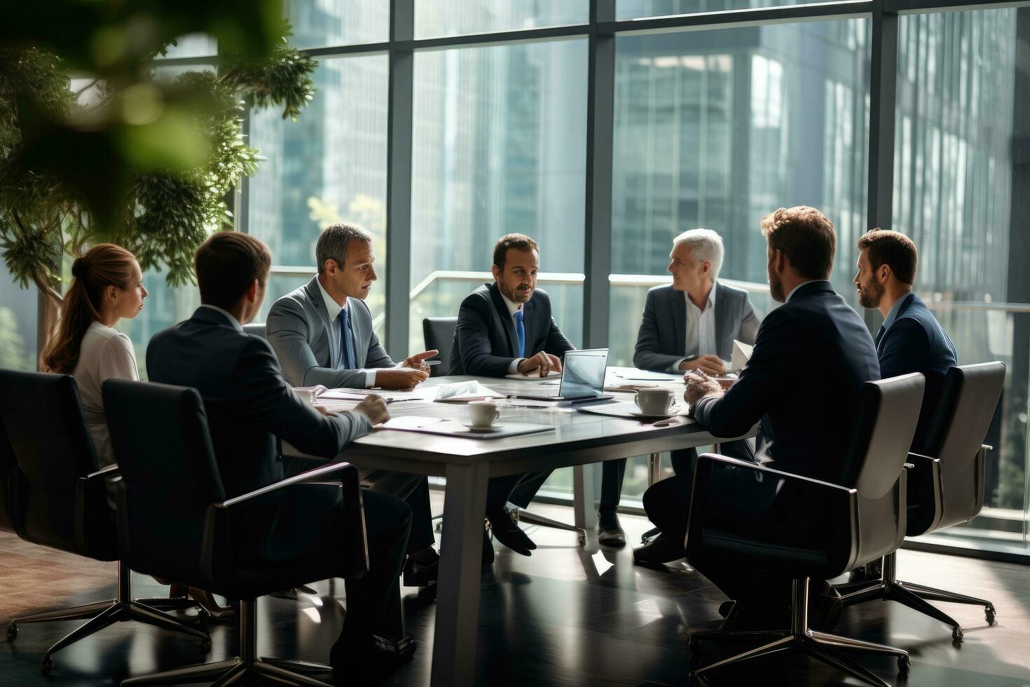 ai generiert Gruppe von Geschäft Menschen haben ein Treffen im modern Büro. Geschäftsleute und Geschäftsfrau im formelle Kleidung diskutieren etwas während Sitzung beim das Tisch, ai generiert foto