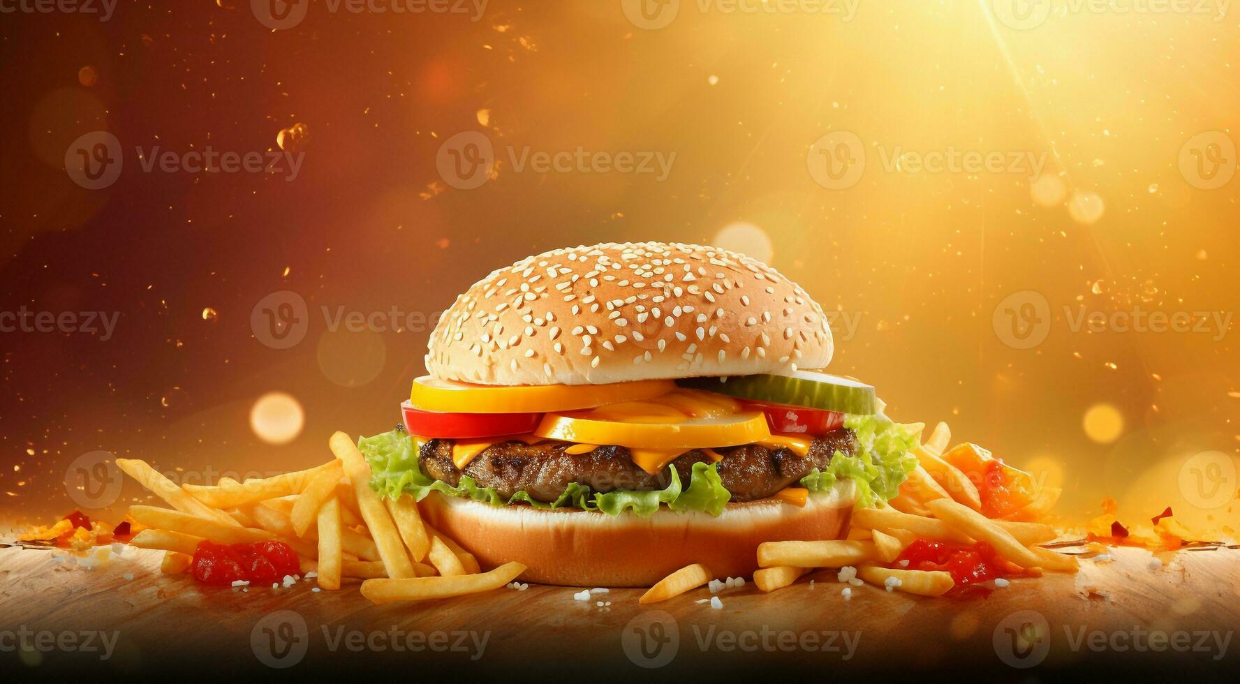 ai generiert Burger und Fritten auf abstrakt Hintergrund, Fast Food Hintergrund, Burger und Fritten auf das Tisch, Fast Food Banner foto