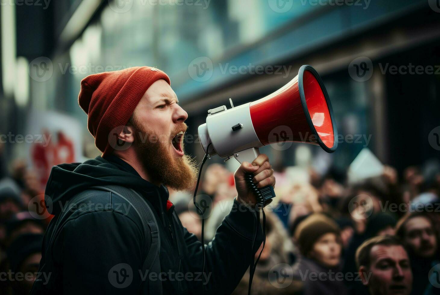 ai generiert leidenschaftlich Mann Megaphon Protest. generieren ai foto