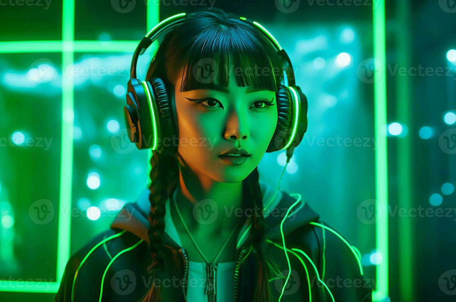 ai generiert Koreanisch Mädchen mit futuristisch Neon- Kopfhörer. generieren ai foto