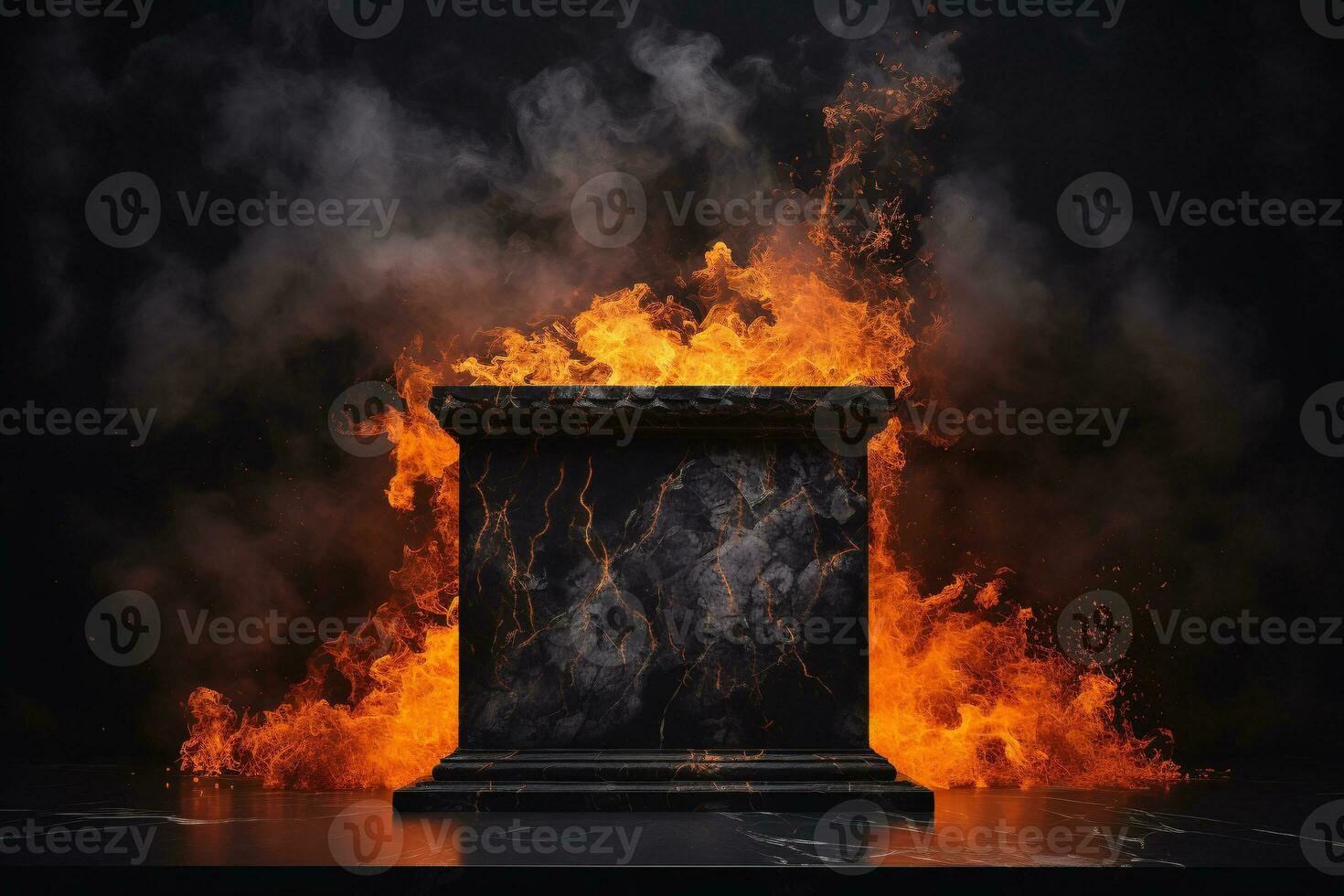 ai generiert schwarz Marmor Podium umgeben durch lodernd Flammen, Feuer, Säule, Stufen. generativ ai foto