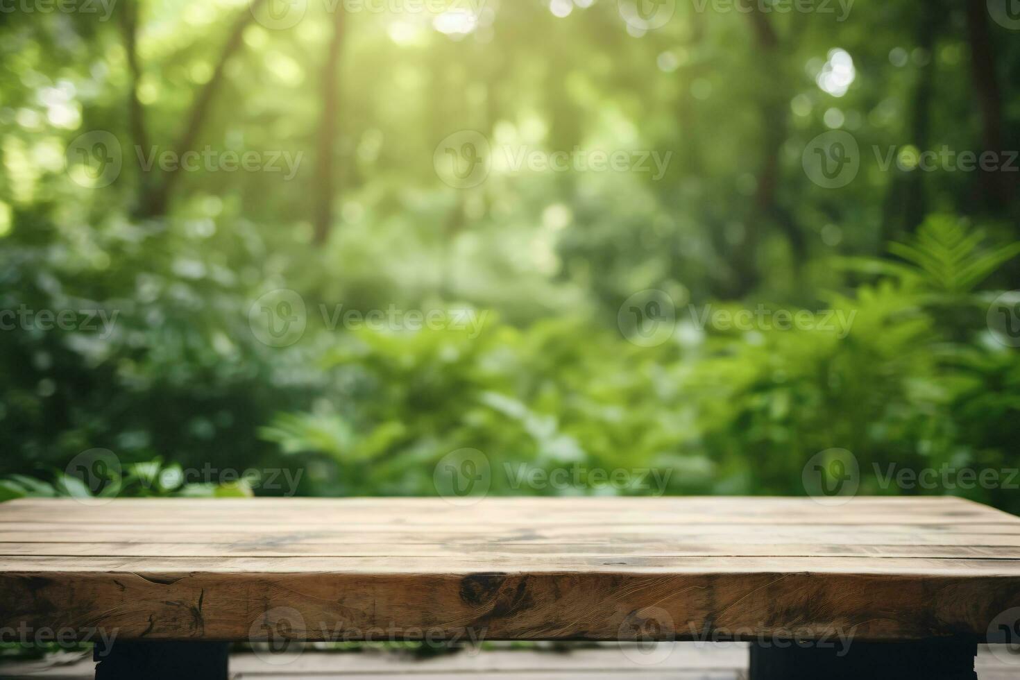 ai generiert leeren hölzern Tischplatte Podium im Garten öffnen Wald mit verschwommen Grün Pflanzen Hintergrund zum organisch Produkt Präsentation. generativ ai foto