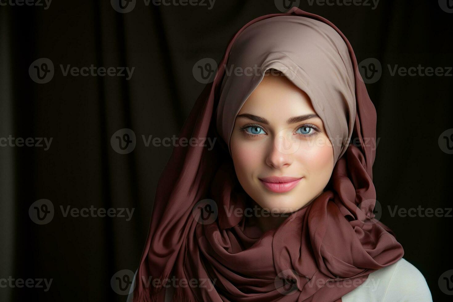 ai generiert kulturell Vielfalt gefangen im ein Porträt von ein jung islamisch Frau mit ein Schal, eid und Ramadan Bilder foto