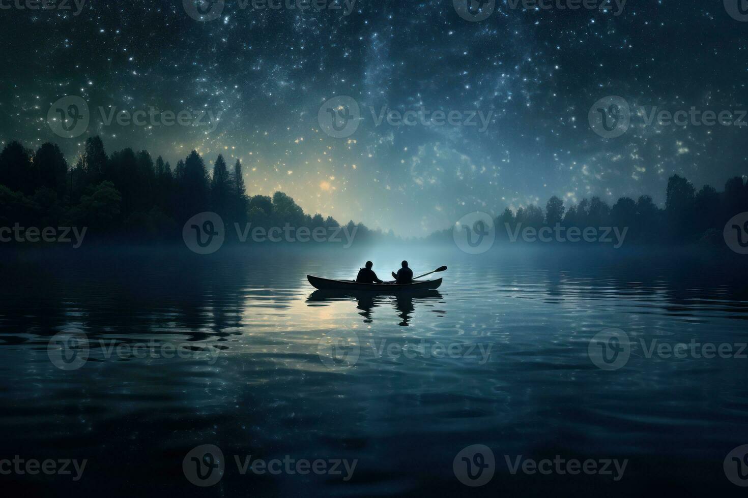 ai generiert ein romantisch Kanu Ausflug unter das Nacht Himmel, Valentinstag, Dating und Liebe Vorschlag Bild foto