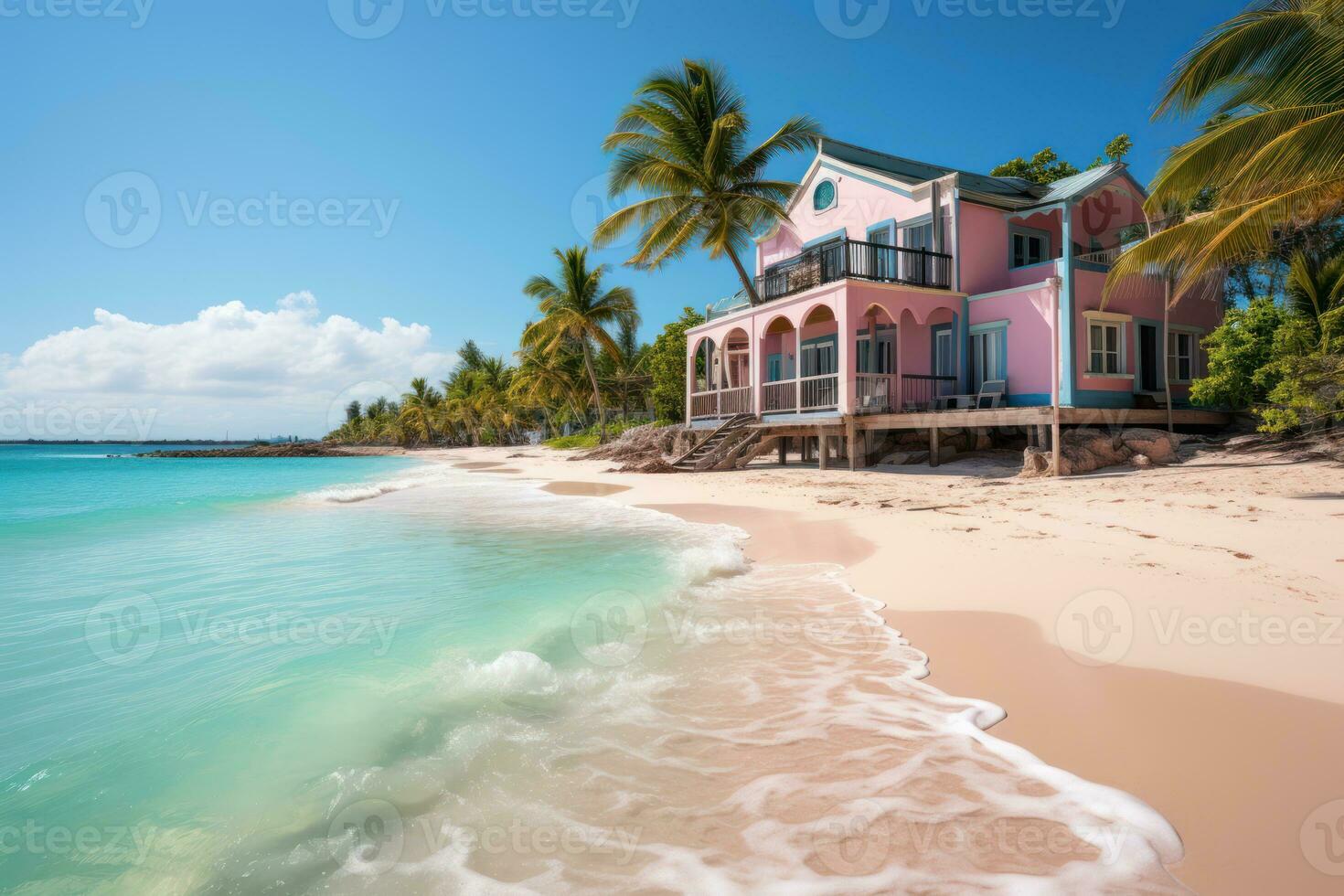 ai generiert szenisch Strand Aussicht mit elegant Palme Bäume und Strand Haus, Beste Sommer- Bild foto