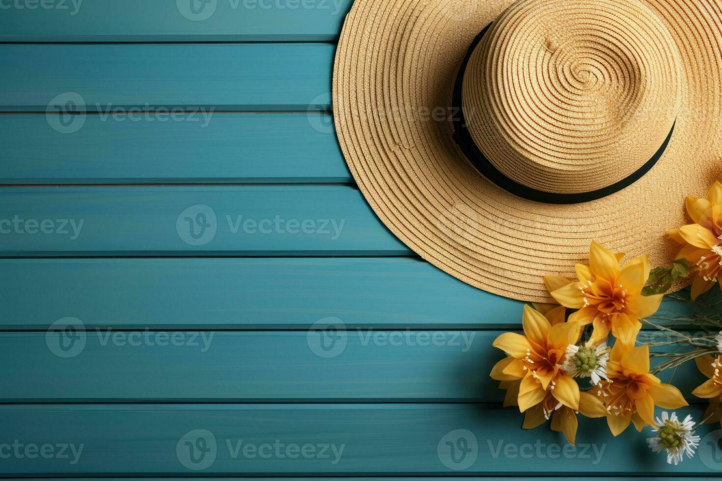 ai generiert Hut Flip Flops und Sonne geküsst Notwendigkeiten auf Blau Holz, Sommer- Jahreszeit Natur Bild foto