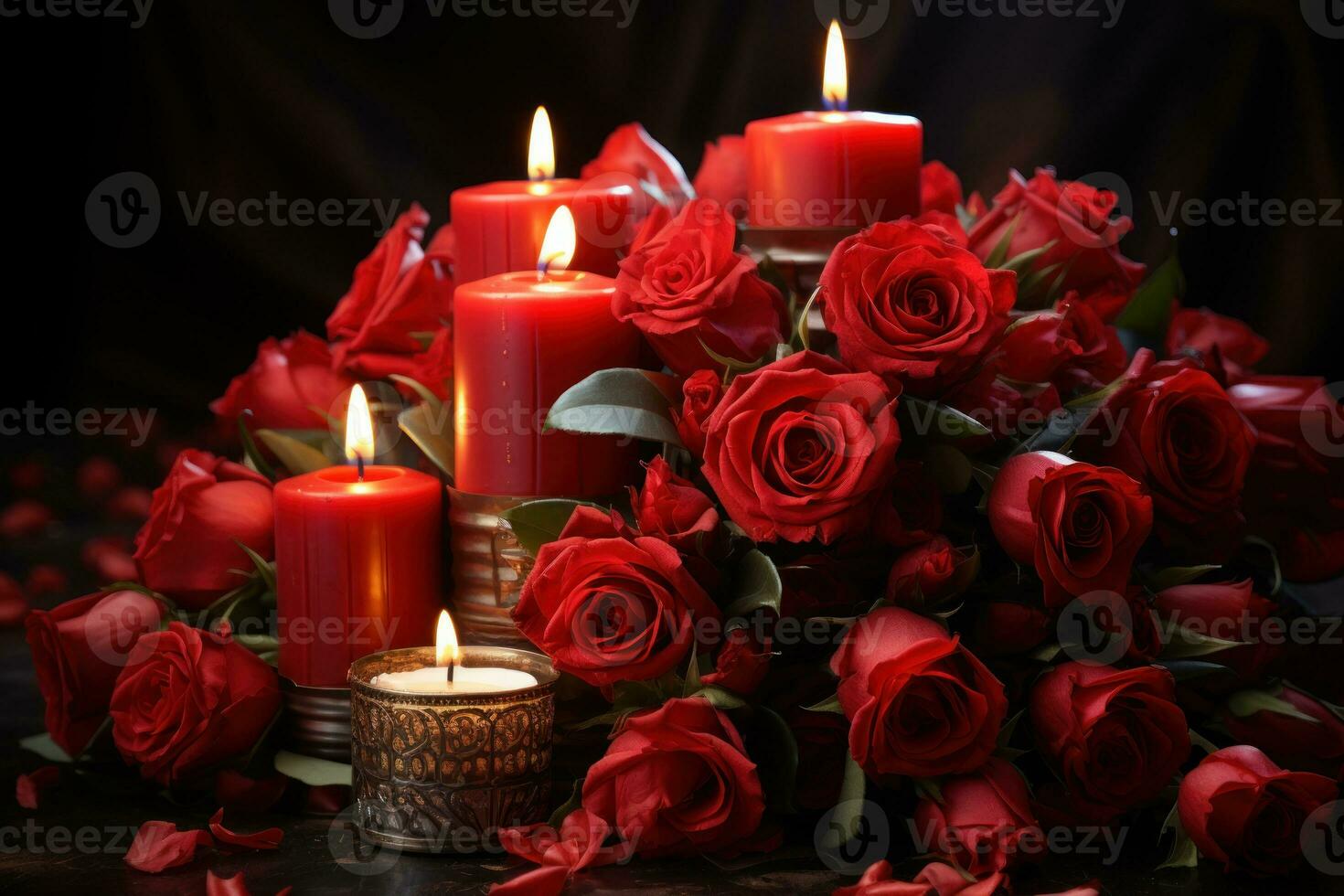 ai generiert intim Ambiente mit Kerzenlicht rot Rosen, Valentinstag, Dating und Liebe Vorschlag Bild foto