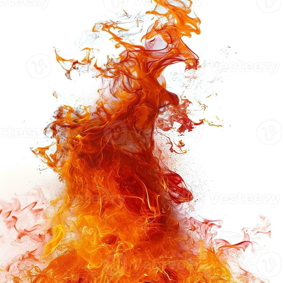 ai generiert hell Orange und Gelb Feuer Flamme, scharf kontrastiert gegen Weiß - - ein Symbol von Leistung, Hitze, und natürlich Energie, Ideal zum abstrakt und Umwelt Themen foto