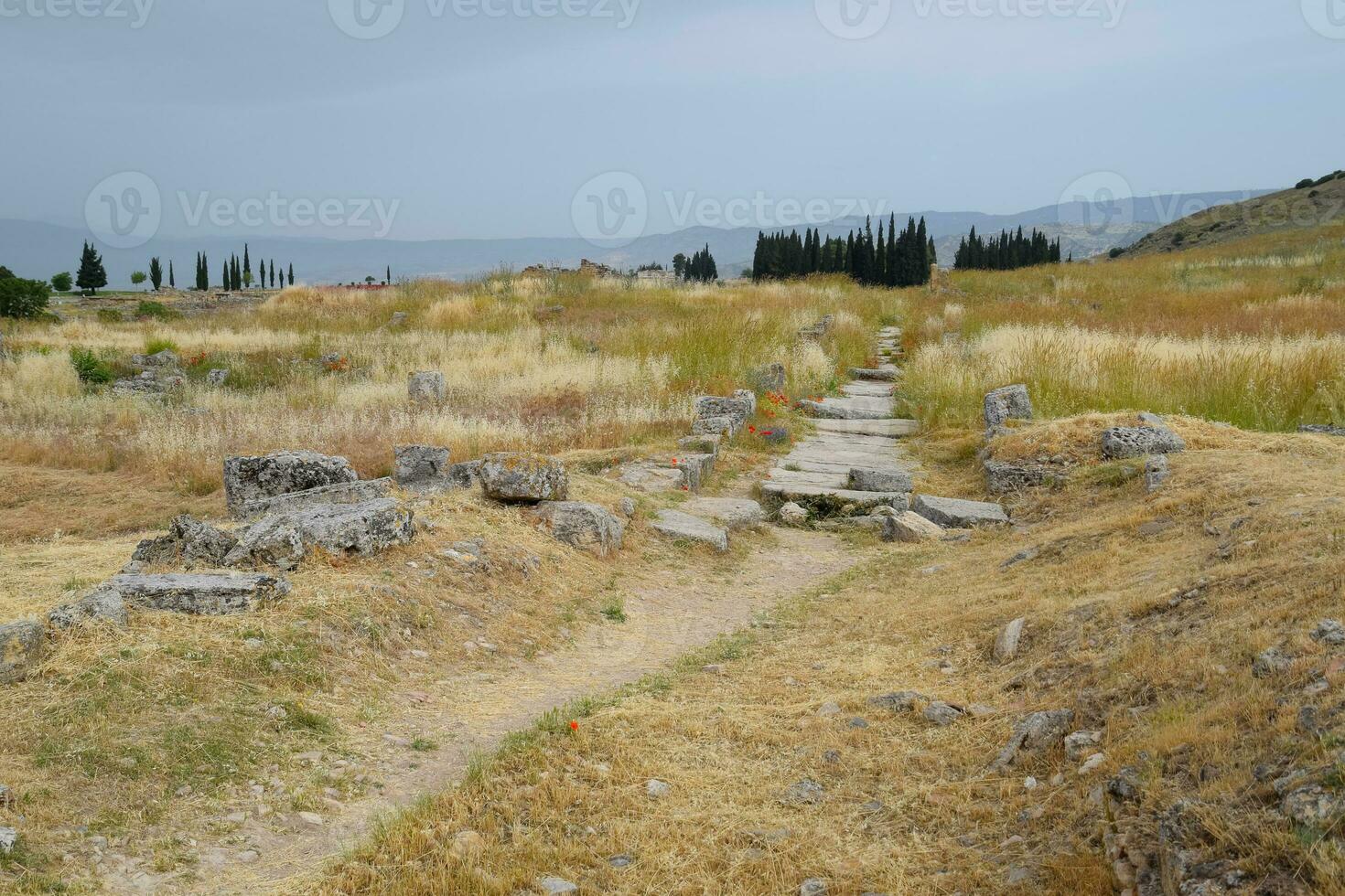 Fragmente von uralt Gebäude, Ruinen von das uralt Stadt von Hierapolis. Stein Blöcke mit Spuren von Stein Bearbeitung. foto