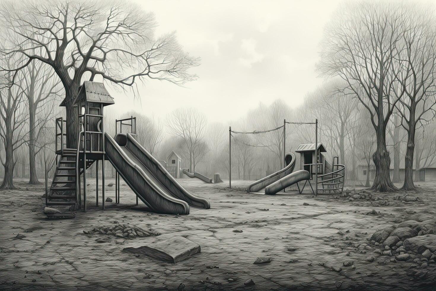 ai generiert Kinder Spielplatz im das nebelig Park. schwarz und Weiß Foto, ai generiert foto